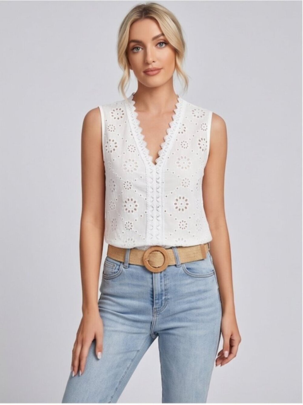 White Eyelet Embroidery Sleeveless Blouse